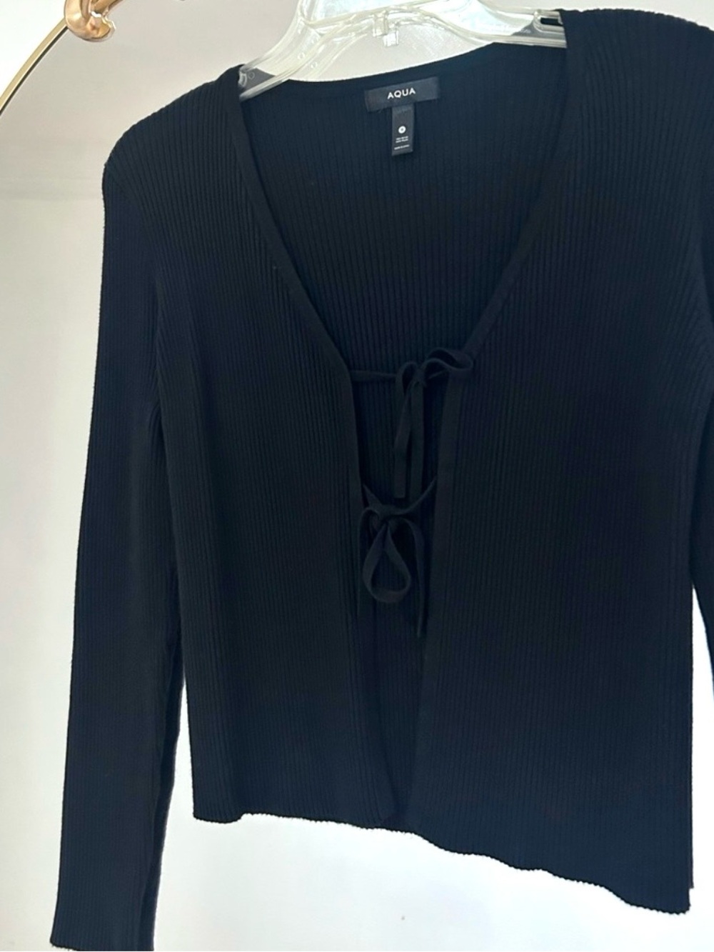 Aqua Ribbed Black Cardigan with Tie-Front Detail, Size S